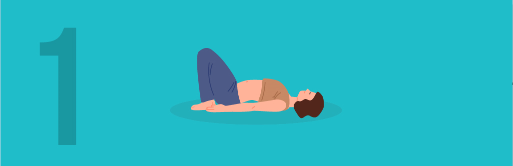  Woman lying on the ground with knees up in a wind-relieving yoga position (Pawanmuktasana)