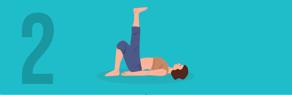 Woman lying on the ground with one leg up in a wind-relieving yoga position (Pawanmuktasana)