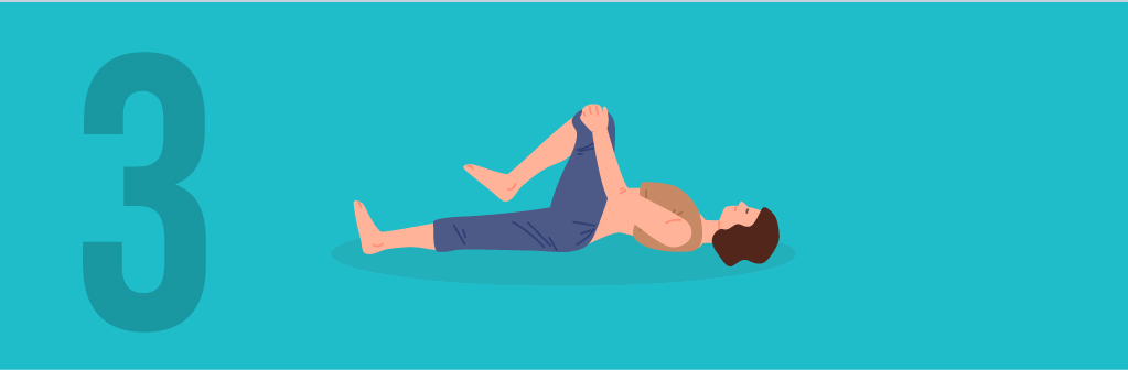 Woman lying on the ground holding her right knee in a wind-relieving yoga position (Pawanmuktasana)